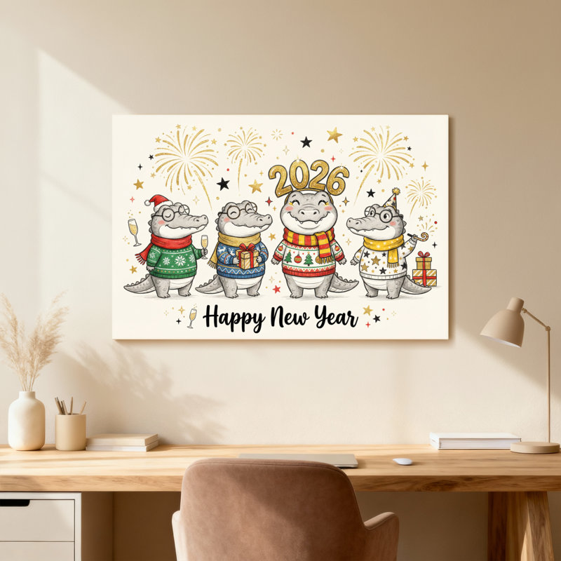 Animaux mignons crocodiles célébrant le Nouvel An 2026 - Cadre photo sur toile, H 12 po x l 18 po, Toile tendue