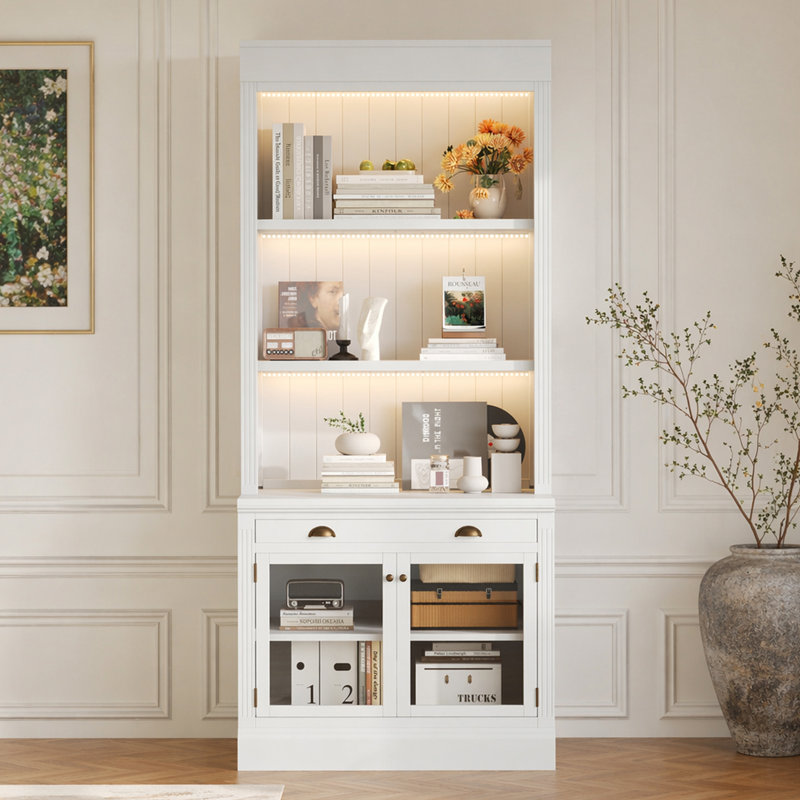 Bibliothèque de 83,4 po de hauteur avec éclairage DEL, bibliothèque moderne avec 2 portes en verre et 1 tiroir, bibliothèque de rangement avec tablettes ouvertes pour le salon, le bureau personnel, blanc