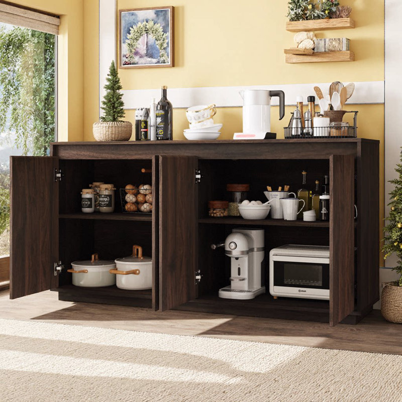 Buffet 4 portes UnaNoxa avec prise de courant et conception sans poignée, Walnut