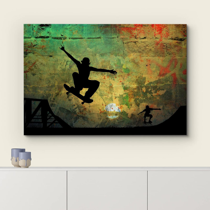 "Skateboard Staters jouant sur fond grunge rustique" sur toile, H 32 po x l 48 po, Toile tendue