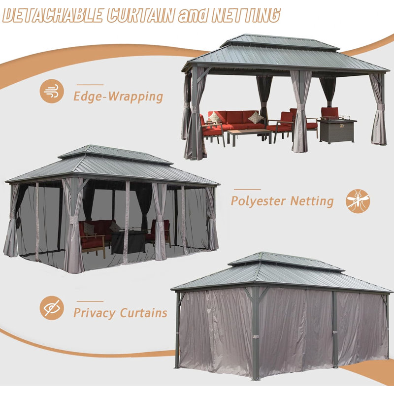 Pavillon de jardin 12 pi x 20 pi, métal en aluminium, toit en acier galvanisé, rideau pour la détente dans le patio