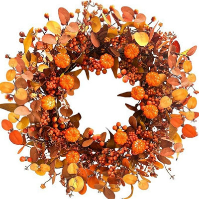 Couronne artificielle d'automne avec mini citrouilles, baies et feuilles d'automne d'eucalyptus, couronne de porte d'entrée 19,7 pouces