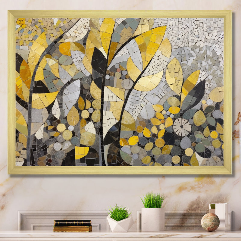 Begie, motifs jaunes et gris en fusion artistique - art mural mosaïque bohème, Cadre photo unique, H 16 po x l 32 po x P 1 po