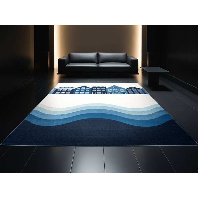 Machine Washable Paublo Amsterdam Canals Scandinavian Geometric Rug in Blue – SkyBlue Binding, 8x10