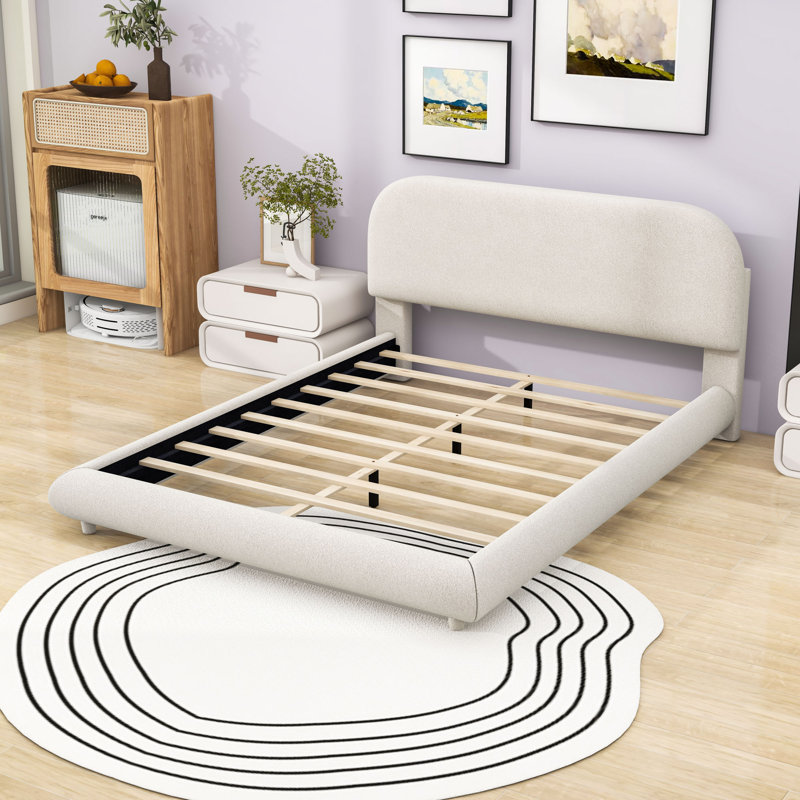 Lit plateforme tapissier avec tête de lit et pieds centraux Teddy, Grand lit, Beige