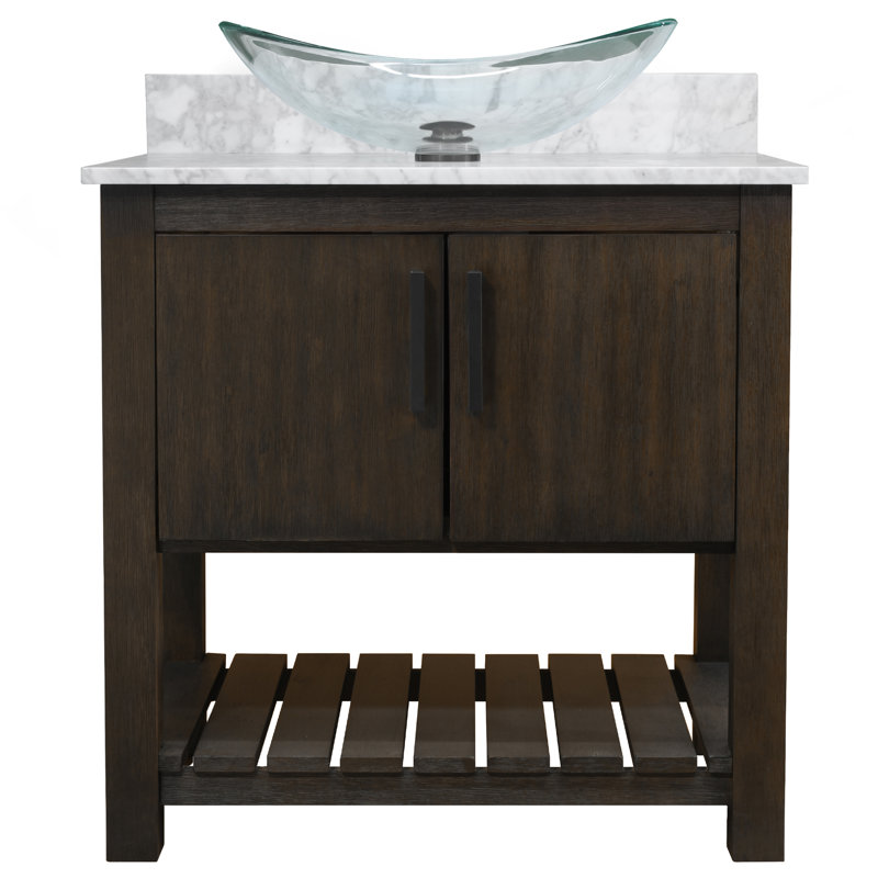 Meuble-lavabo de 30 po avec comptoir en marbre de Carrare et lavabo, quincaillerie noir mat, Noir mat