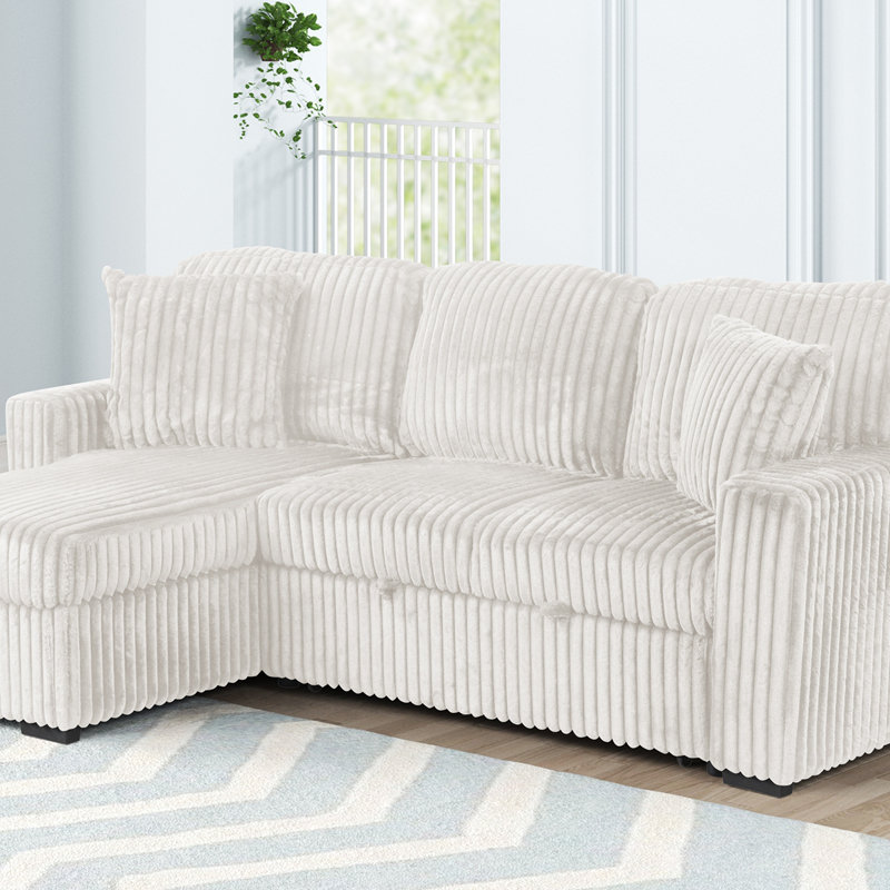 Plush Sectional Sofa W/ Pull Out Sleeper made with Velvet fabric- Cream, Cream Velvet