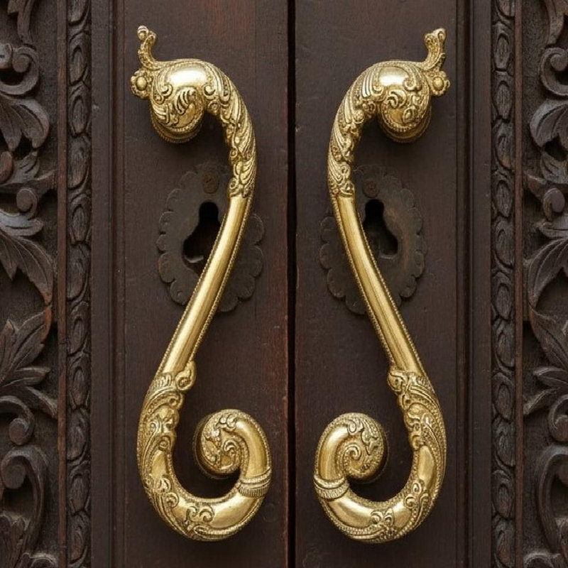 Pair of Ornate Brass Door Handles – Handcrafted Vintage Style, Decorative Swirl Pulls, Solid Brass Entry Hardware, Luxury Home Accent