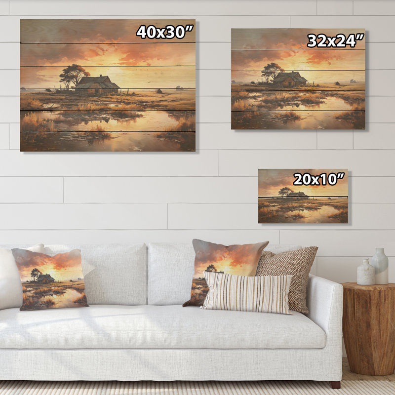 Sunrise Countryside Farm Unveilé - Art mural en bois de ferme sur bois de pin naturel, H 24 po x l 32 po