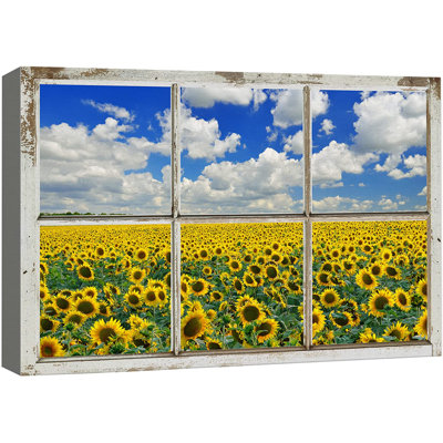 IDÉE4WALL, reproduction d'art sur toile, vue de fenêtre, printemps, été, tournesol, fleur, paysage, nature, photographie, art moderne, rustique, décoration, coloré, décor pour le salon, la chambre à coucher, le bureau