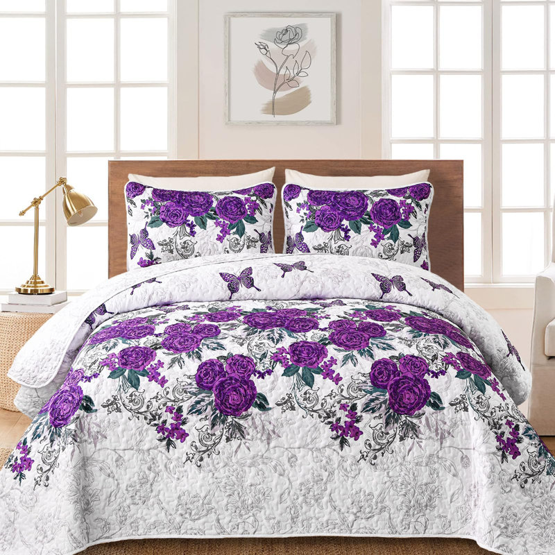 Ensemble de courtepointe 3 pièces Floral Botanical Lightpoint Rose, Mauve, Courtepointe très grand et 2 très grandes taies 
