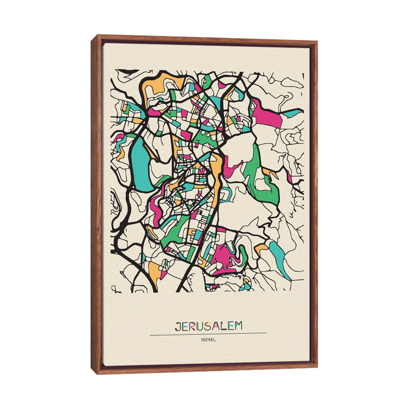 Jerusalem, Israel Map 1 Piece Floater Frame Wall Art on Canvas, 66.04 cm H x 45.72 cm W, Brown Floater Frame