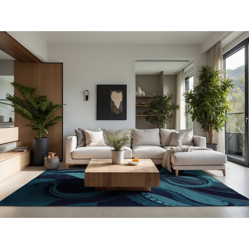 Soft Plush Tockington Octopus Modern Area Rug in Blue – Navy Binding, 6x9
