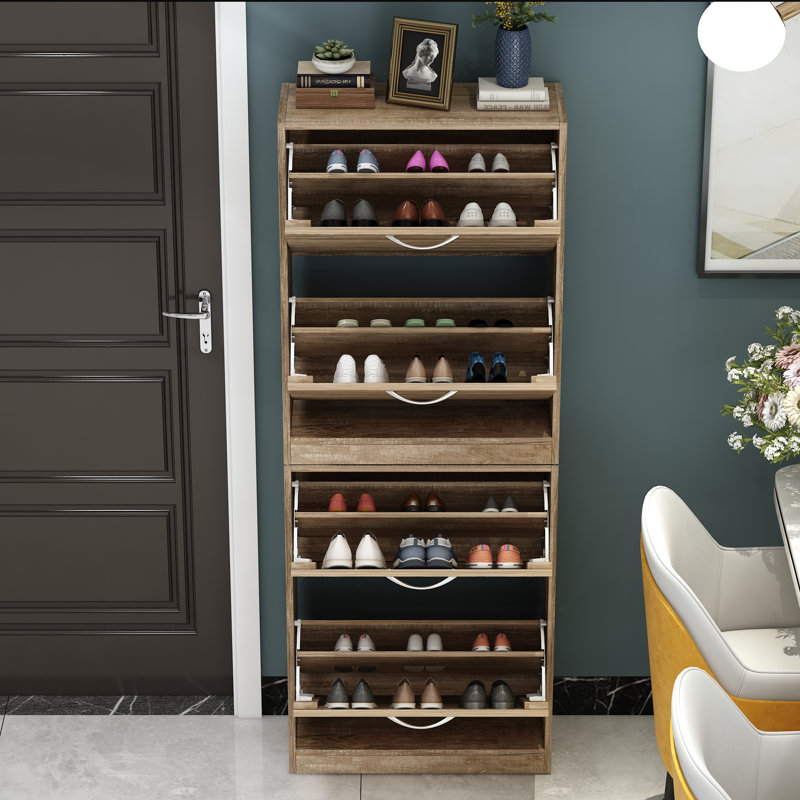 24 Pair Stackable Shoe Storage Cabinet, Oak Wood