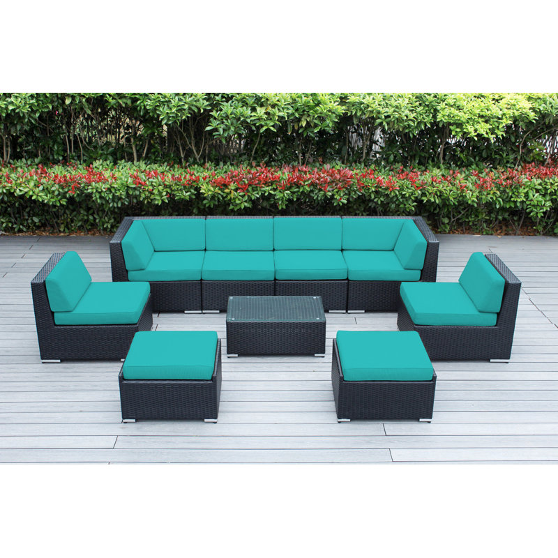Ensemble de conversation en osier pour 8 personnes avec coussins - aucun assemblage, Noir