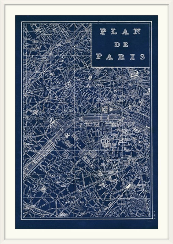 «Blueprint Map Paris» par Sue Schlabach, impression, Cadre blanc, H 38 po x l 28 po x P 1 po
