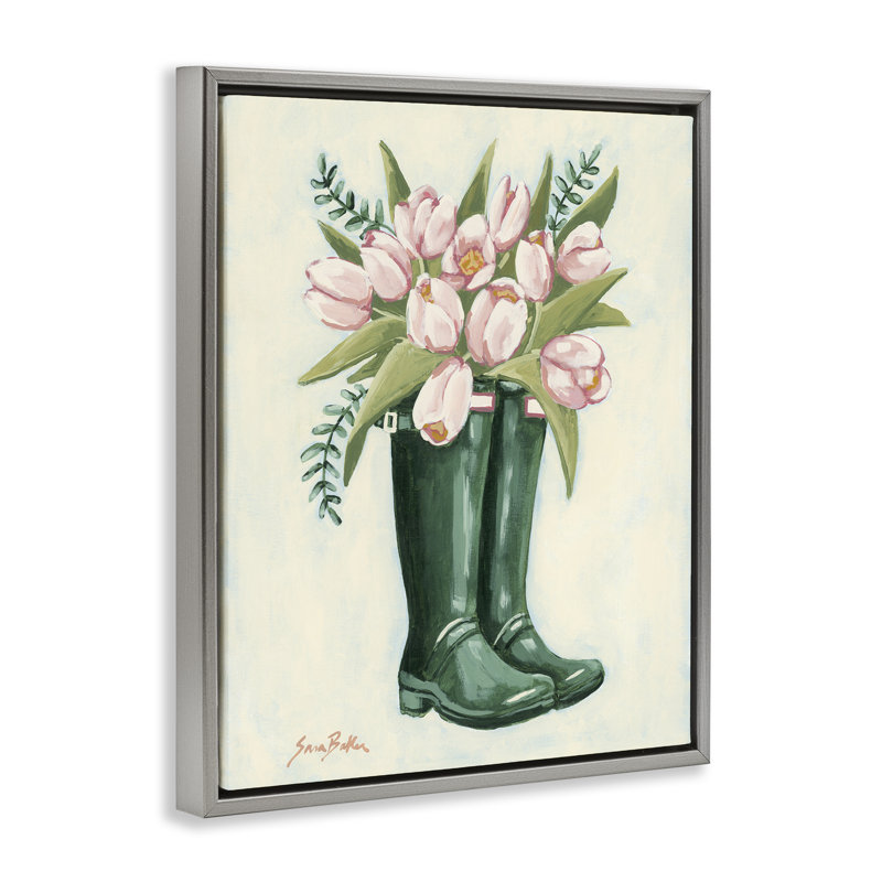 Cadre flottant tulipes dans des bottes de pluie, design par Sara Baker, H 21 po x l 17 po, Cadre flottant gris lustré