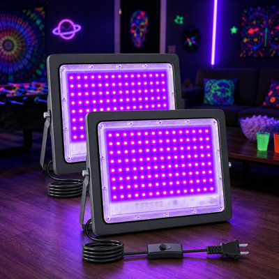 2-Pack 100W LED Blacklight Flood Lights with US Plug and Switch, IP66 Waterproof | UV Lights for Glow Parties, Glow-in-the-Dark Events, Halloween, Body Paint and Fluorescent Posters