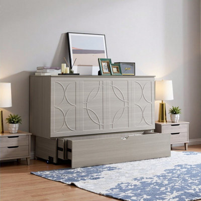 Space-Saving Murphy Bed Cabinet with USB Charging & Storage - Queen Size Gray Modern Sofa Bed | Memory Foam Mattress Included