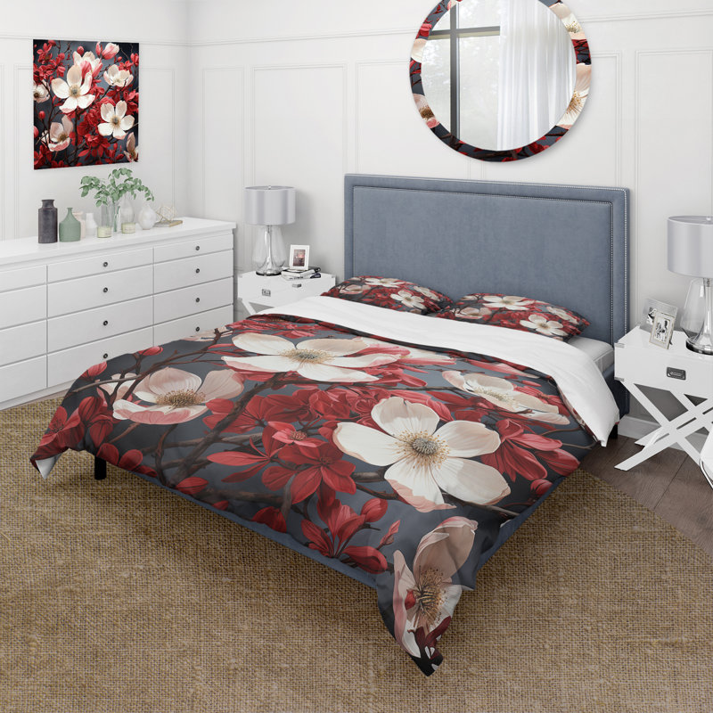 Ensemble de housse de couette Tranquil White and Red Dogwood Flower I - Dogwood