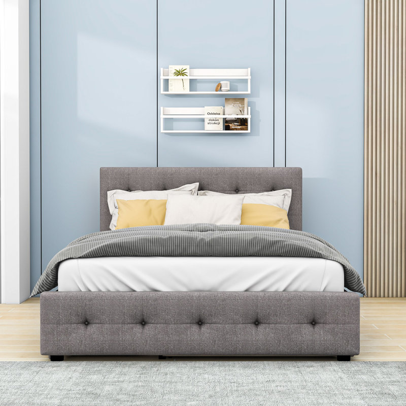 Markeon Queen Size 2 Drawers Upholstered Platform Bed with Twin XL Size Trundle, Light Gray