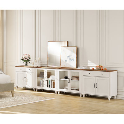 Charlton Home® Sideboard Cabinet With 2 Drawers, 4 Glass Doors And 4 Wood Doors, Vintage Wood Grain Design, Buffet Cabinet With Storage, Coffee Bar For Dinning Room, Kitchen, And Living Room