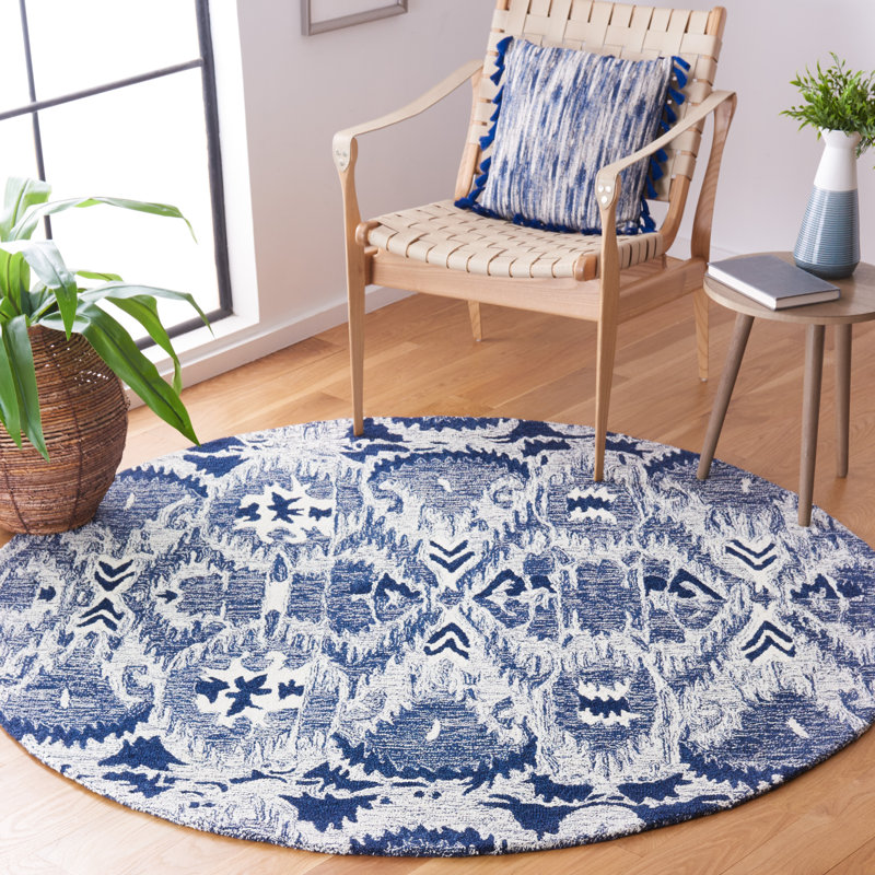 Ikat Hand Tufted Wool/Cotton Ikat Rug in Ivory/Blue, Round 6'