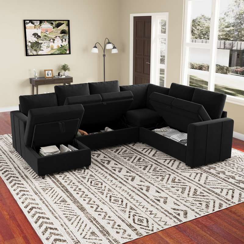 Ensemble de canapé modulaire en L avec grand espace de rangement, Velours noir