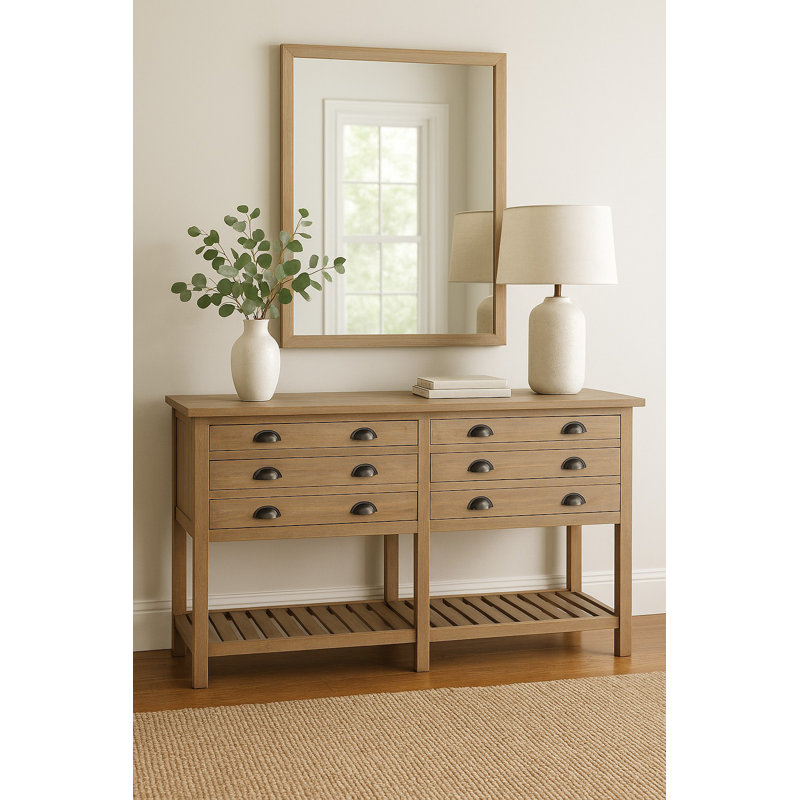 Buffet à double baie de 61 po Sunset Trading Cottage | Tablettes | Bois flotté brun | Bois d'acajou massif | Console
