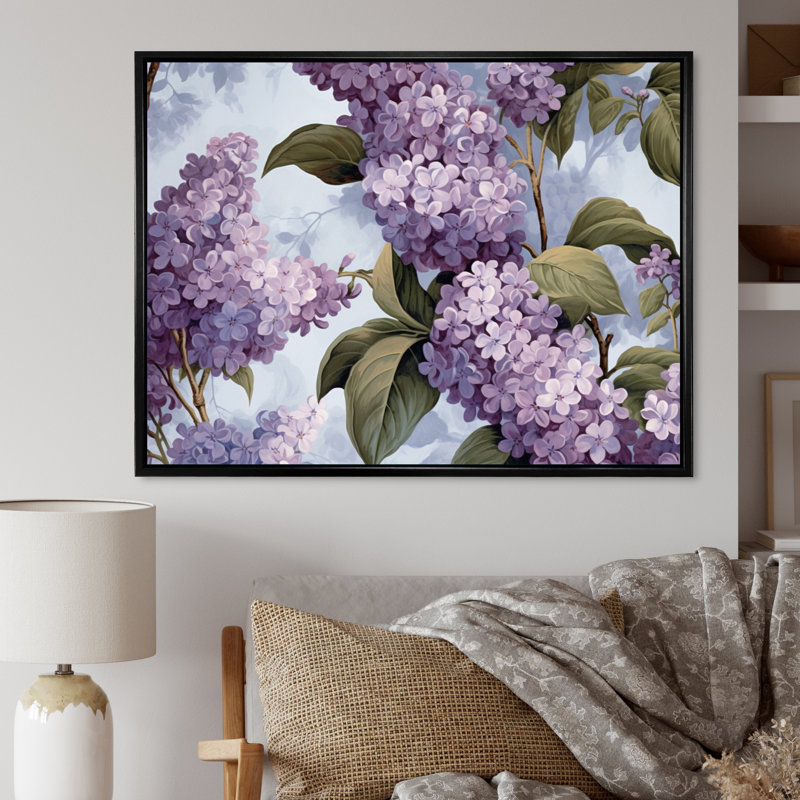 Mauve et lilas gris, fleurs parfumées III - art mural floral, H 12 po x l 20 po x P 1 po, Cadre flottant noir