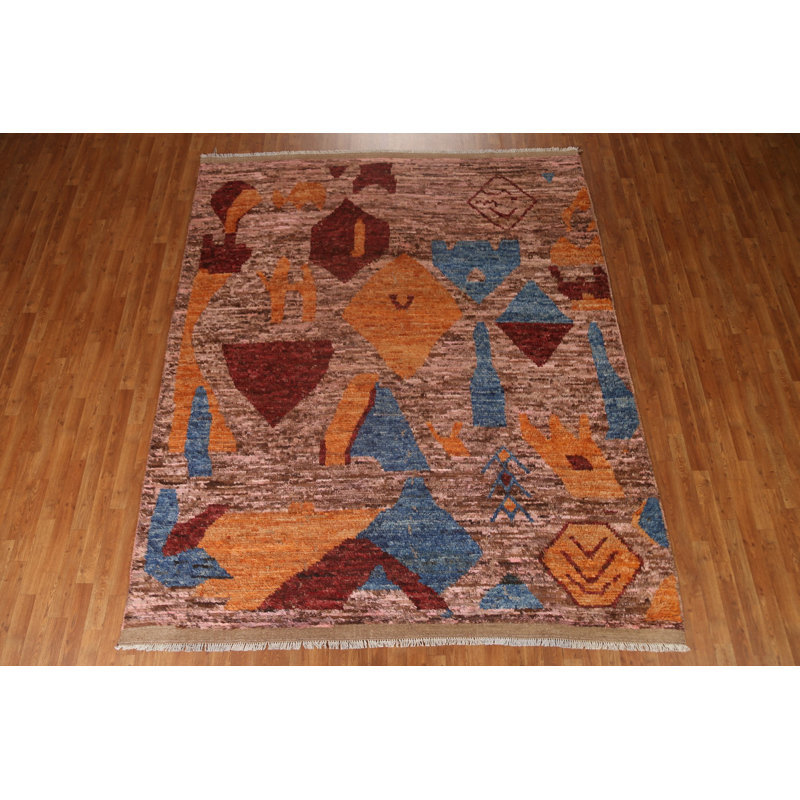 Tapis bleu / rouge / brun en laine noué à la main de conception unique 8 pi 3 po x 9 pi 10 po New Age
