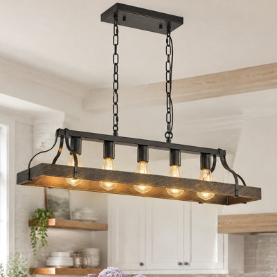 Lustre linéaire à 5 lumières de 34 pouces, fini noir et or, suspension pour îlot de cuisine de style campagnard