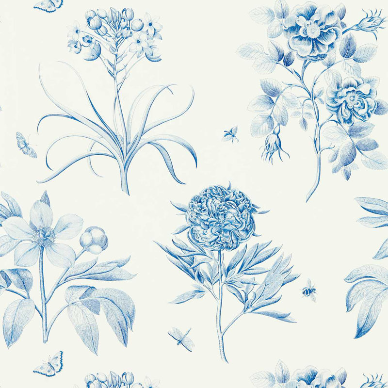 Etchings & Roses Wallpaper, China Blue