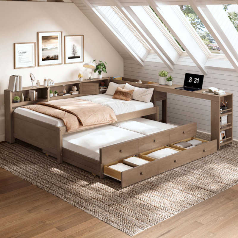 Lit de jour en bois en forme de L avec lit gigogne, bureau intégré et tablettes de rangement, lit de jour moderne et multifonctionnel pour chambre ou studio