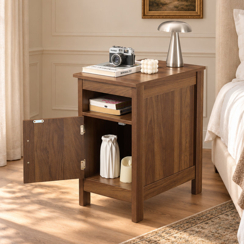 Table d'appoint Alisma de style ferme de 60 cm de haut avec couvercle rabattable, étagère ouverte et placard, table d'appoint étroite et table de chevet, table d'appoint en bois pour salon et chambre