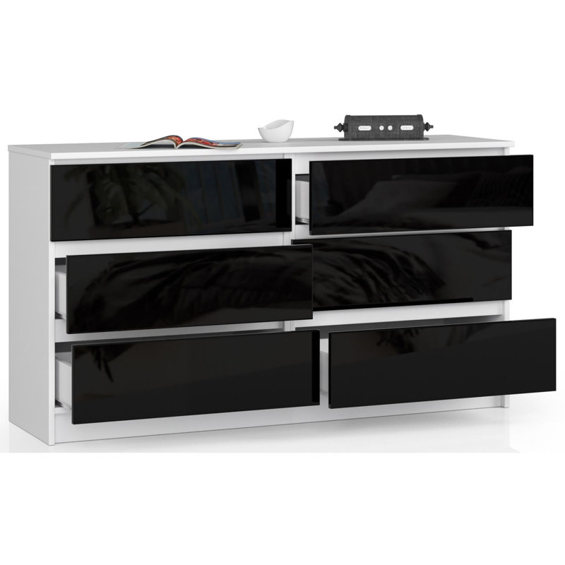 Wes 6 Drawer 138Cm W Double Dresser, White/Black Gloss