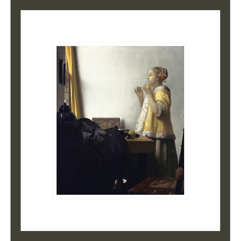 «Jeune femme avec un collier de perles» par johannes vermeer - impression giclée encadrée, 15.08" H x 13.75" W