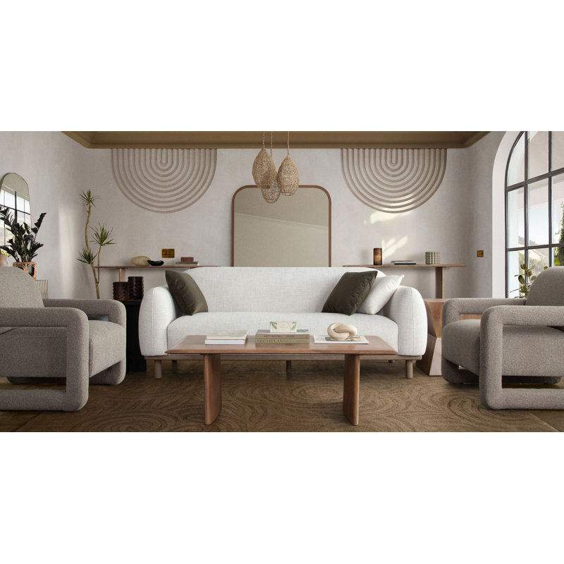 Canapé Larson en polyester orge clair avec bordure et pieds en bois