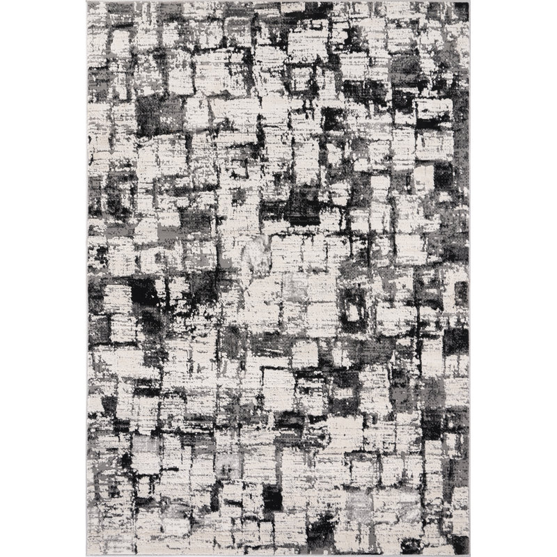 Olliyah Collection Transitional Bone/Black Abstract Area Rug, Rectangle 7'10" x 10'
