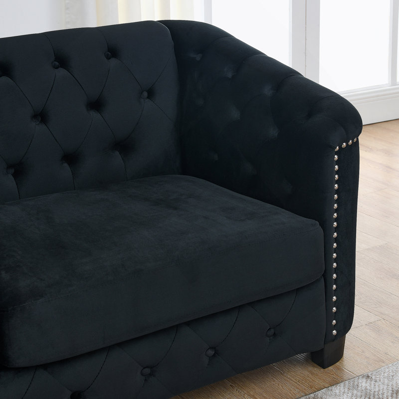Canapé Chesterfield moderne de 77 pouces en velours, canapé 3 places, dossier capitonné, Noir, noir, noir, noir