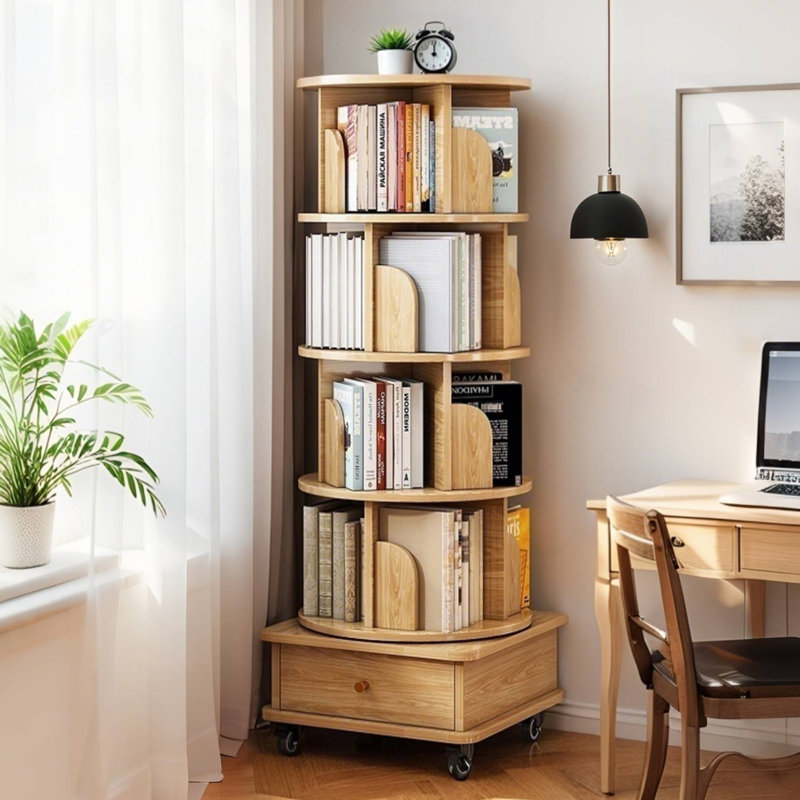 360° Rotating Bookcase Book Storage Shelf, (4 Shelves) 55.91"H x 18.11"W x 18.11"D, Oak