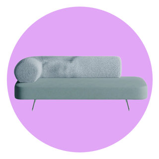 Modern blue sofa with a textured bouclé backrest on a purple circular background.