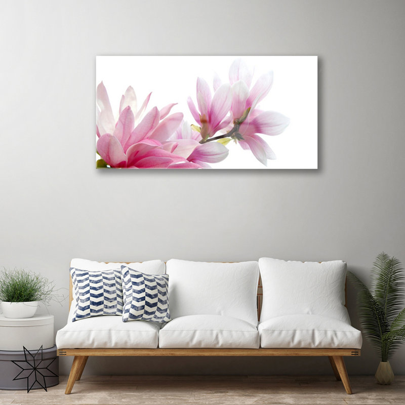 Glass Print Wall Art 100X50cm Image Printed On Glass Decorative Wall Picture Behind Toughened / Tempered Safety Real Glass For Kitchen & Living Room Theme: Magnolia Blossoms Floral