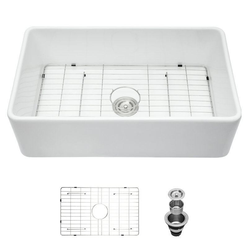 30 Inch Apron Front White Ceramic Single - Bowl Kitchen Sink Scratch Design, Deep, And Simple To Wash With Dish Grid Inch Bowl Long Term Function, Stain Included