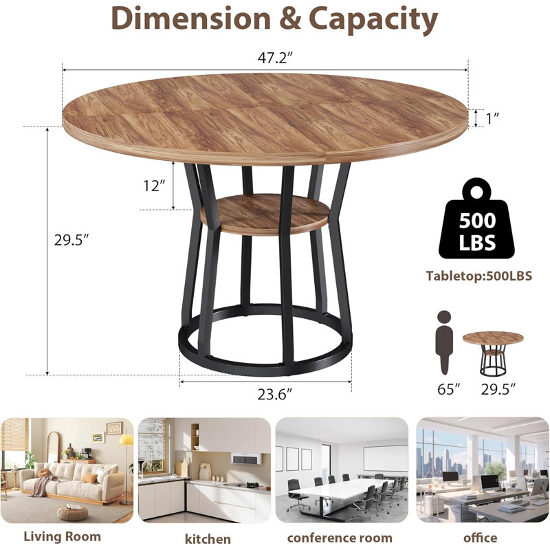 Farmhouse Round Dining Table for 4-6, Wooden Table with Metal Base & Storage Shelf for Living Room Apartment Meeting Room