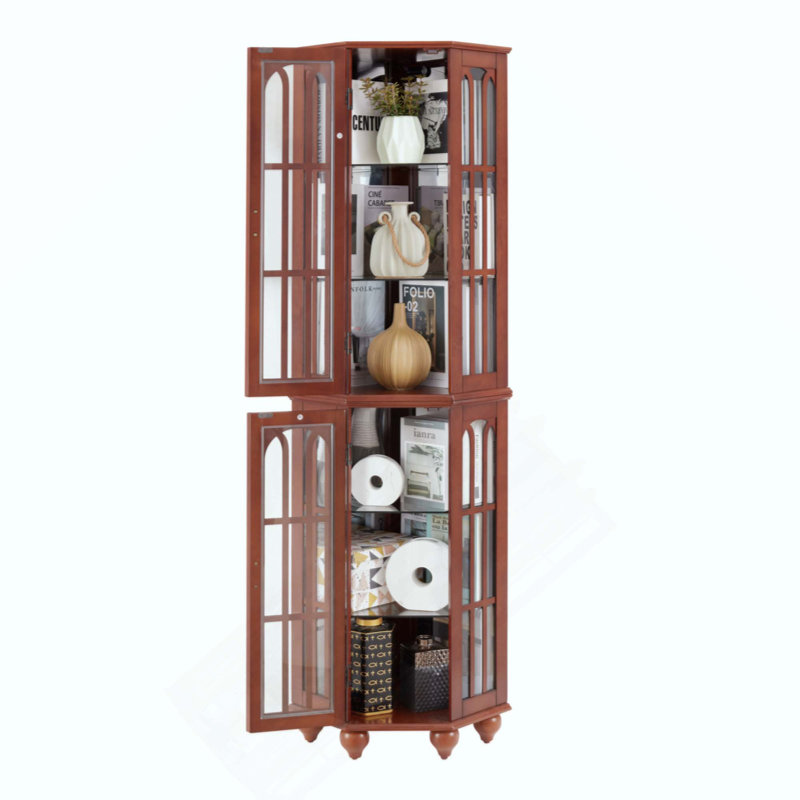 Corner Curio Cabinet With 4 Adjustable Tempered Glass Shelves And Lighting System, Solid Wood Legs,Acrylic Mirrored Back Panel(E26 Light Bulb Not Included)