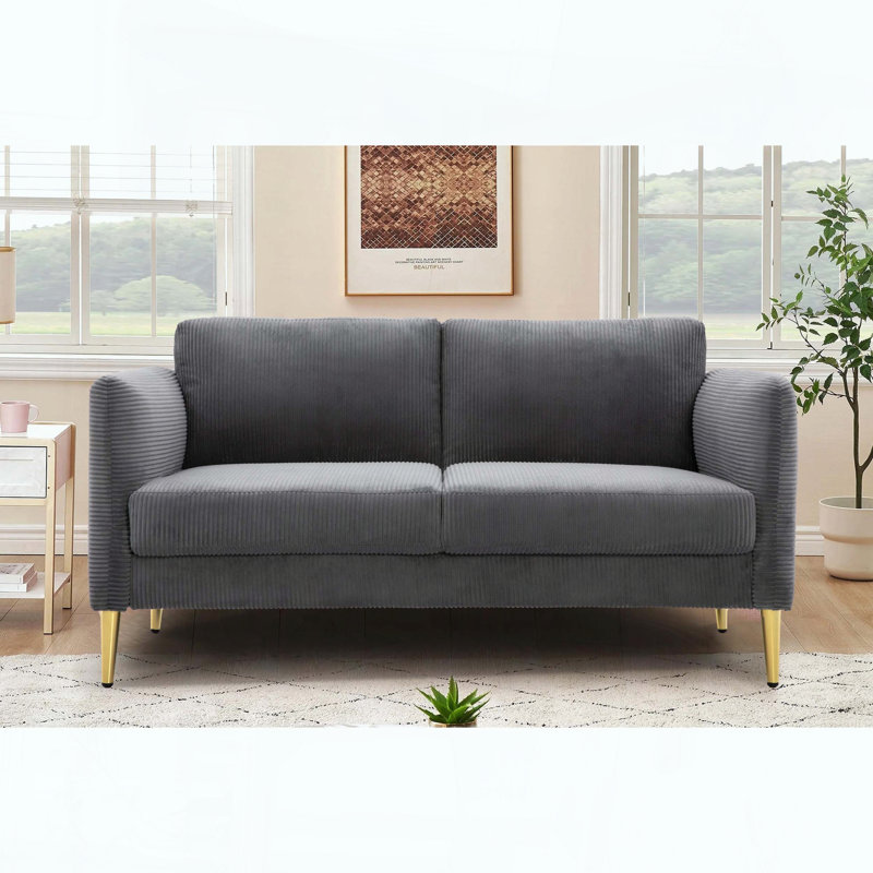 Causeuse compacte Mid-Century avec coussins en velours côtelé moelleux et structure en bois massif, Polyester gris