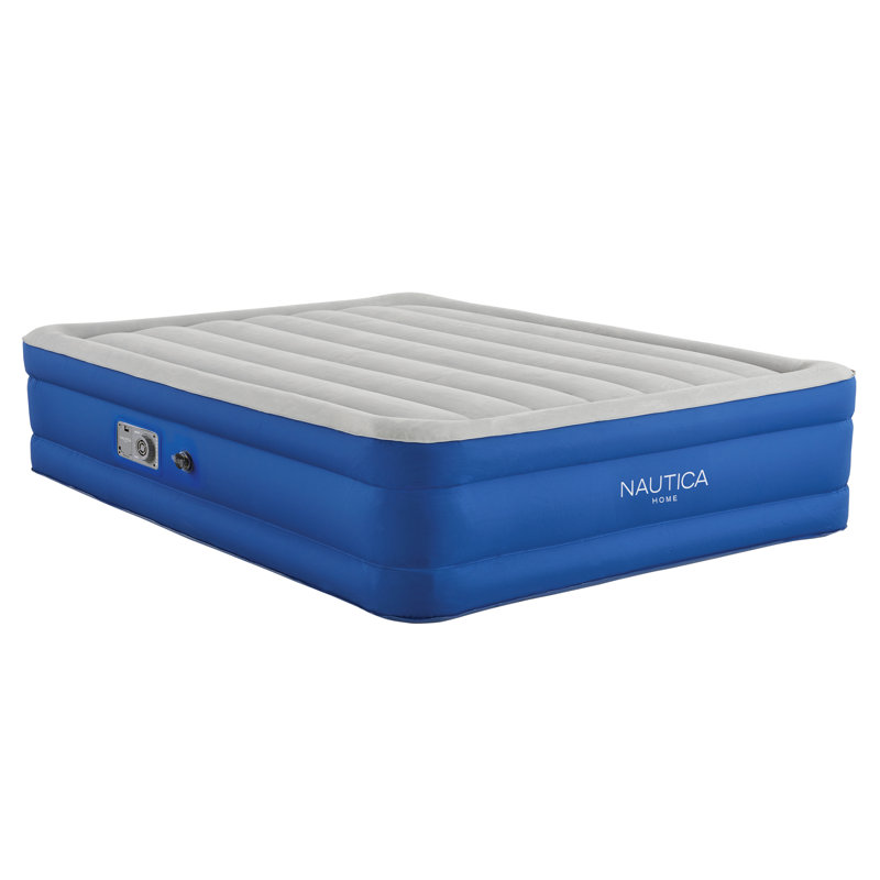 Queen Size Blue and White Inflatable Air Mattress with Built-in Pump