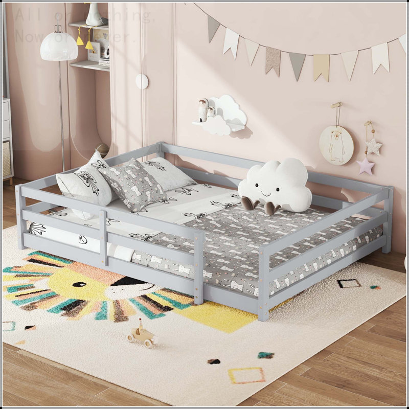 Lit double sur pied avec clôture Montessori, Gris, Lit double