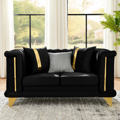 Mid Century Modern Victorian Luxury 69 - Inch Velvet With Gold Trim, Embroidered Texture And 3 Pillows For Living Room Couch